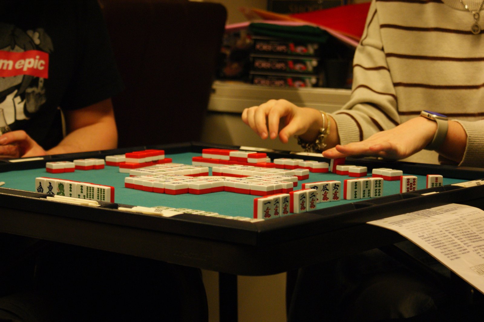 A table of people playing Riichi Mahjong