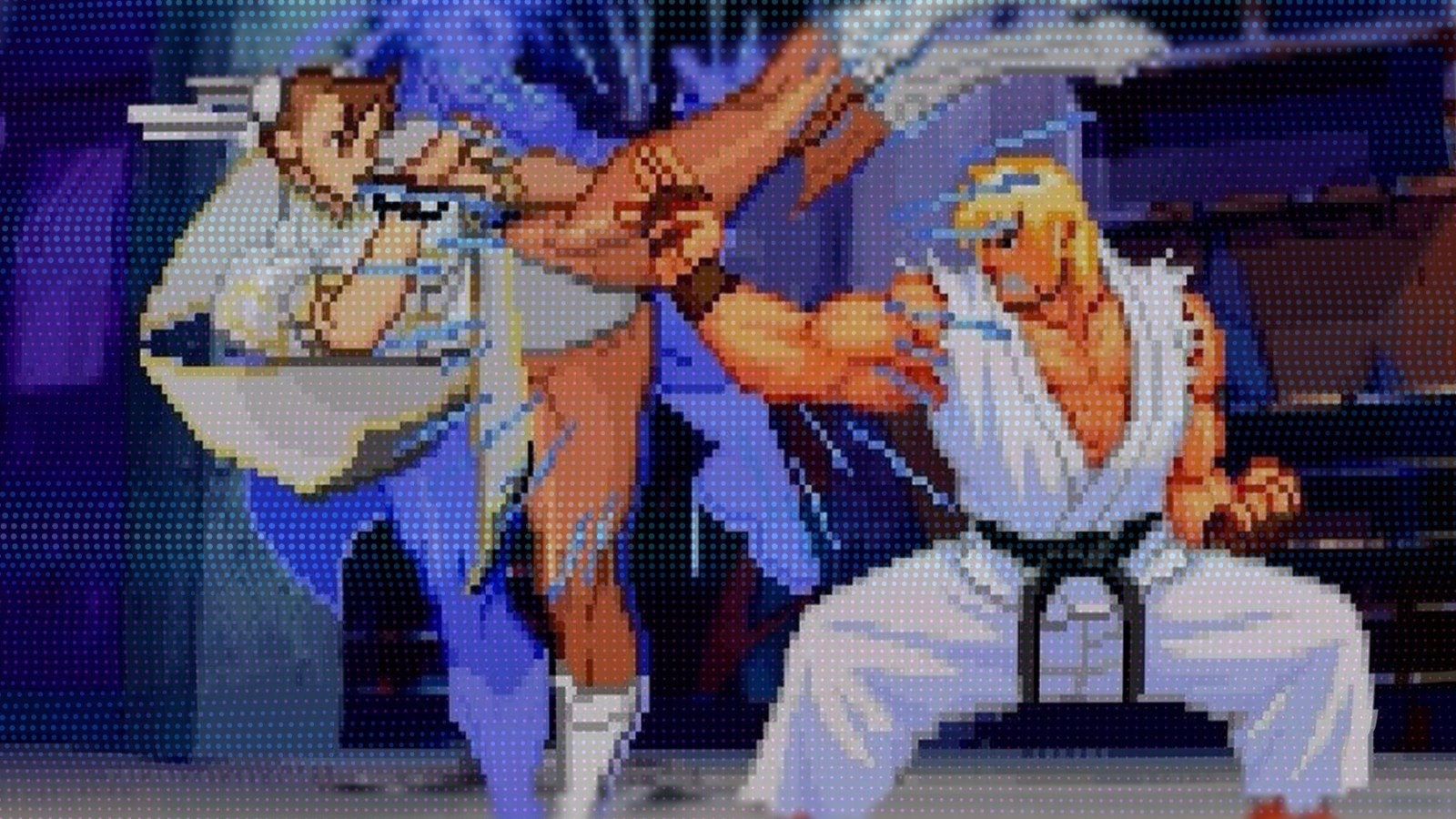 A screnshot of Evo Moment #37. Ken is shown parrying the first hit of Chun-Li's Super Art in Street Fighter III: 3rd Strike
