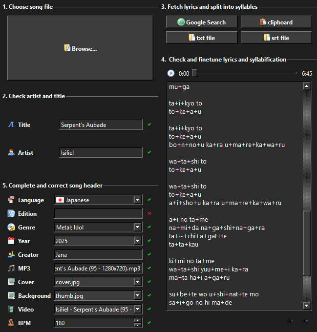 The Ultrastar-Creator interface with all the information filled in