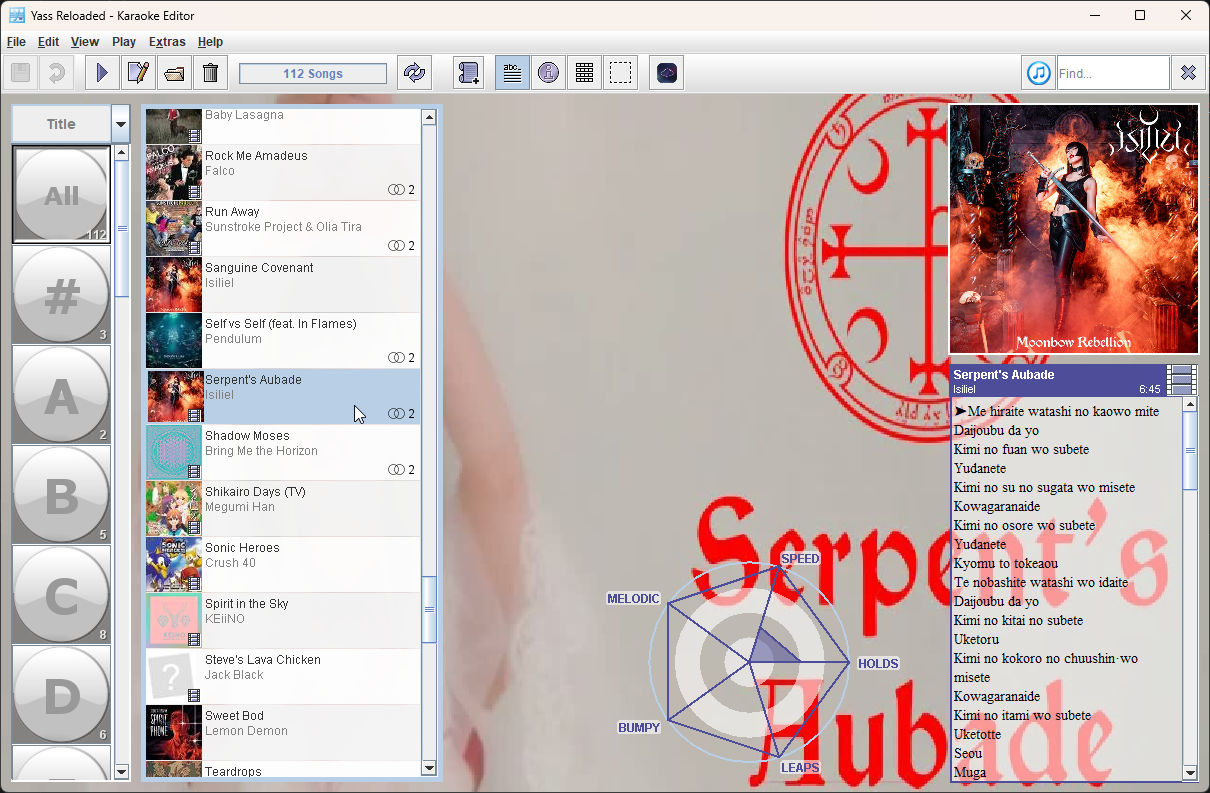 The menu screen of Yass. Serpent's Aubade by Isiliel is selected